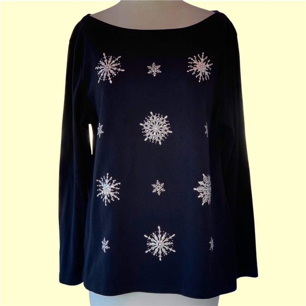 Karen Scott Snowflake Embellished Black Long Sleeve Top ~ Women's Large
